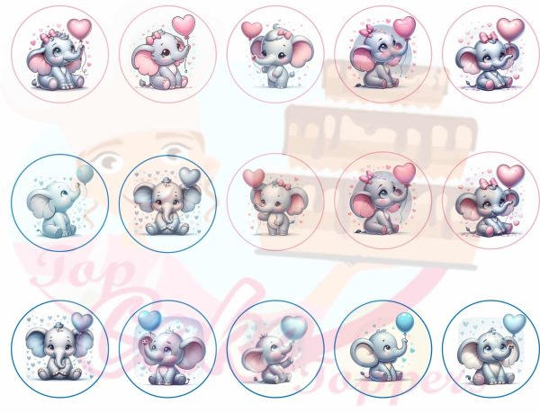 Baby Blue and pink elephant baby shower cupcake Topper.