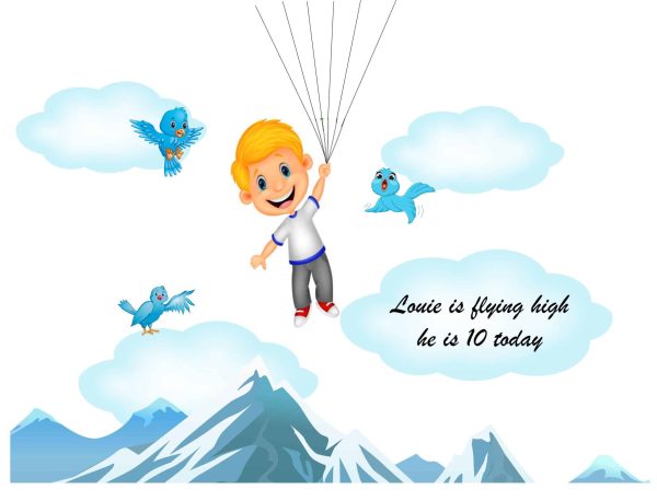 Boy hanging from balloons