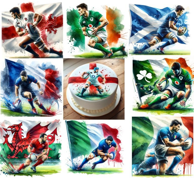 Image of All six Nations rugby teams in watercolour