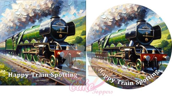 Edible cake topper of an Oil painting of a steam train