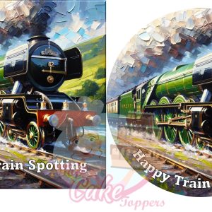 Edible cake topper of an Oil painting of a steam train