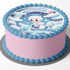 This image features a beautifully decorated cake with an intricate edible topper. The cake is frosted in a soft pink with a detailed blue icing border around the top edge. The topper showcases a whimsical scene with a baby figure sitting in a teacup, surrounded by a dreamy landscape that includes clouds, stars, a rainbow, and various stylized plants, all rendered in pastel colors. The overall look is magical and playful, ideal for a child's celebration.