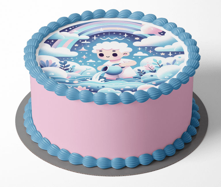 This image features a beautifully decorated cake with an intricate edible topper. The cake is frosted in a soft pink with a detailed blue icing border around the top edge. The topper showcases a whimsical scene with a baby figure sitting in a teacup, surrounded by a dreamy landscape that includes clouds, stars, a rainbow, and various stylized plants, all rendered in pastel colors. The overall look is magical and playful, ideal for a child's celebration.
